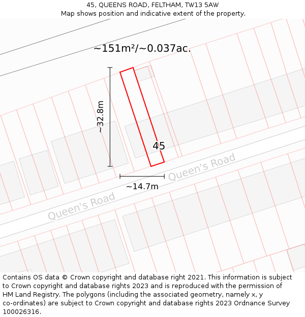 45, QUEENS ROAD, FELTHAM, TW13 5AW: Plot and title map