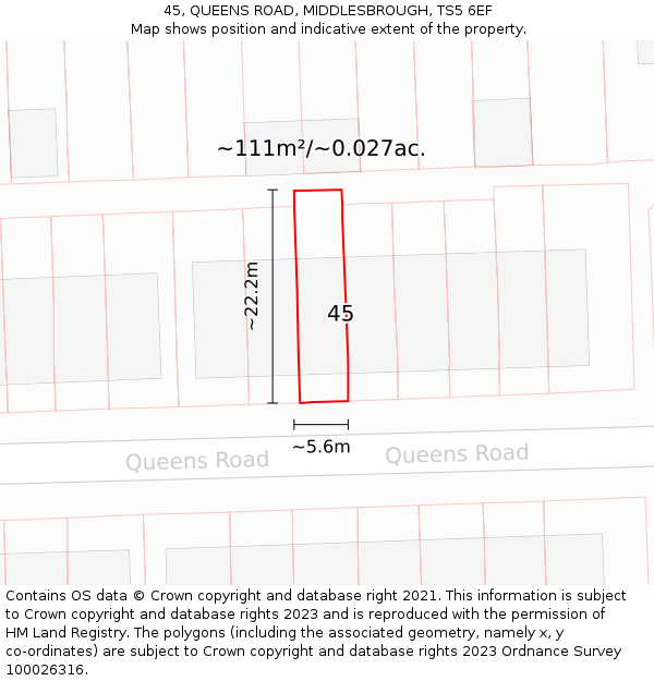 45, QUEENS ROAD, MIDDLESBROUGH, TS5 6EF: Plot and title map