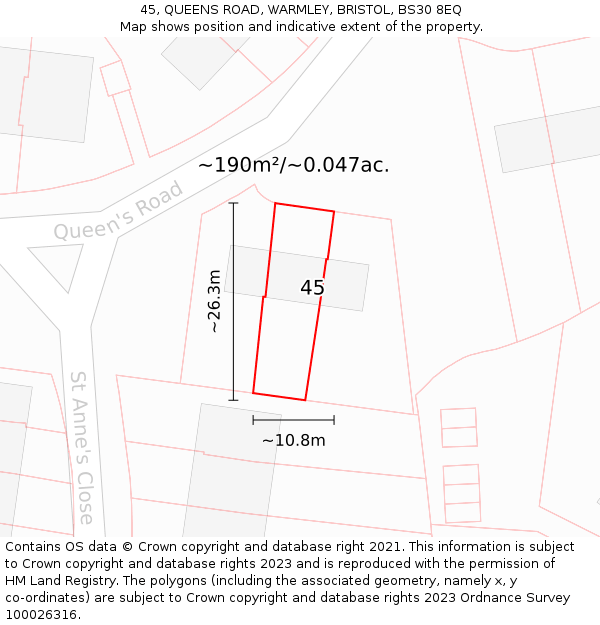 45, QUEENS ROAD, WARMLEY, BRISTOL, BS30 8EQ: Plot and title map
