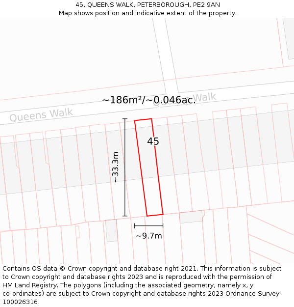 45, QUEENS WALK, PETERBOROUGH, PE2 9AN: Plot and title map