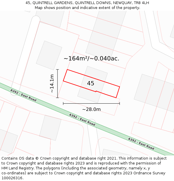 45, QUINTRELL GARDENS, QUINTRELL DOWNS, NEWQUAY, TR8 4LH: Plot and title map