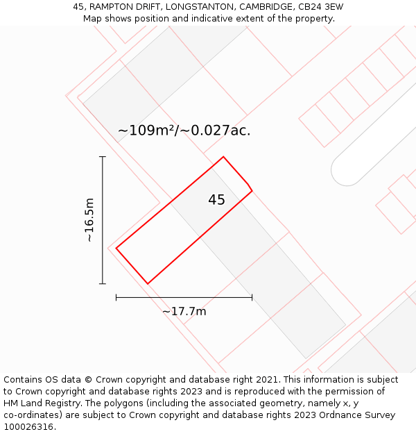 45, RAMPTON DRIFT, LONGSTANTON, CAMBRIDGE, CB24 3EW: Plot and title map