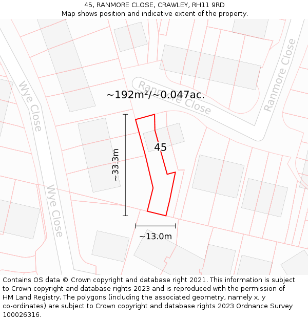 45, RANMORE CLOSE, CRAWLEY, RH11 9RD: Plot and title map