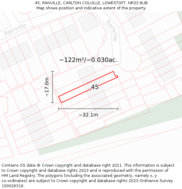 45, RANVILLE, CARLTON COLVILLE, LOWESTOFT, NR33 8UB: Plot and title map
