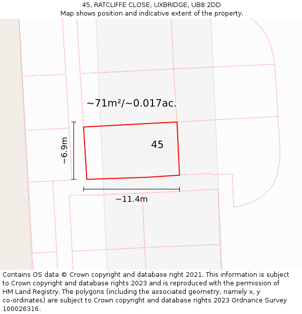 45, RATCLIFFE CLOSE, UXBRIDGE, UB8 2DD: Plot and title map