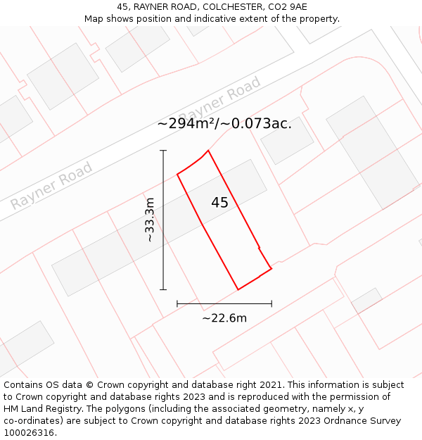 45, RAYNER ROAD, COLCHESTER, CO2 9AE: Plot and title map
