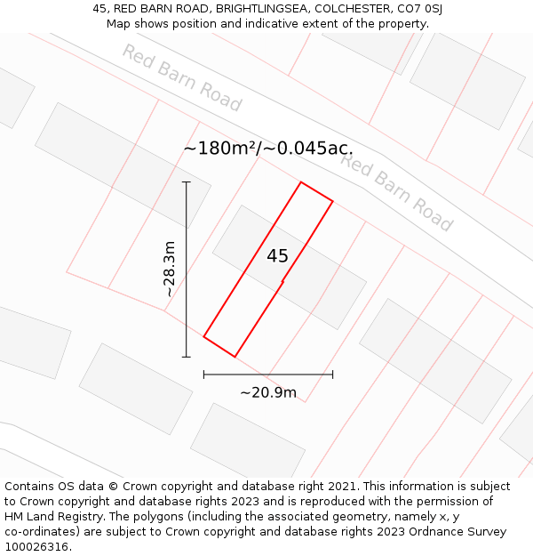 45, RED BARN ROAD, BRIGHTLINGSEA, COLCHESTER, CO7 0SJ: Plot and title map