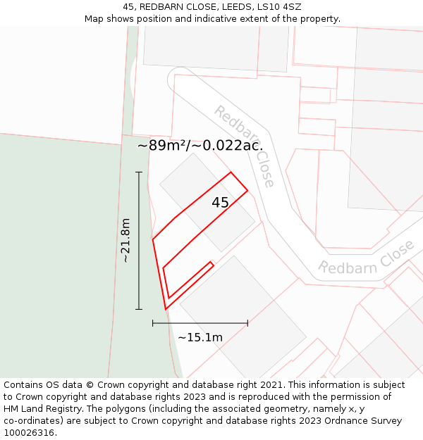 45, REDBARN CLOSE, LEEDS, LS10 4SZ: Plot and title map