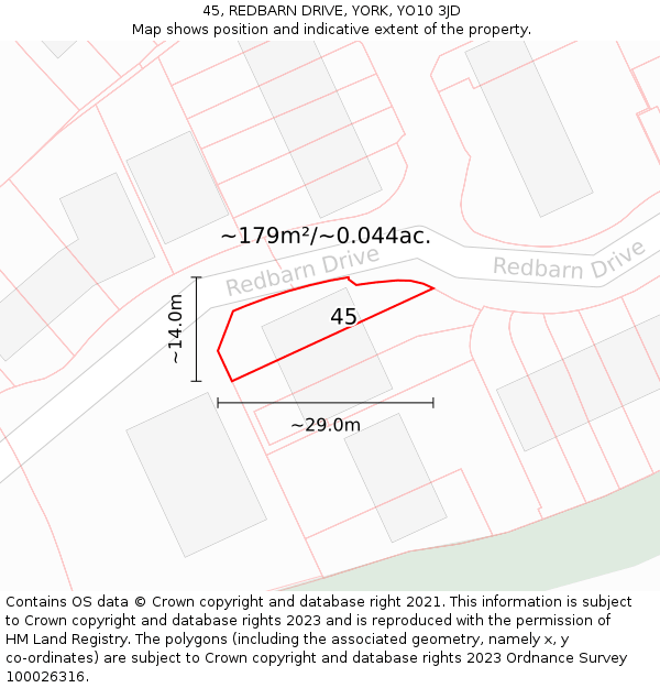 45, REDBARN DRIVE, YORK, YO10 3JD: Plot and title map