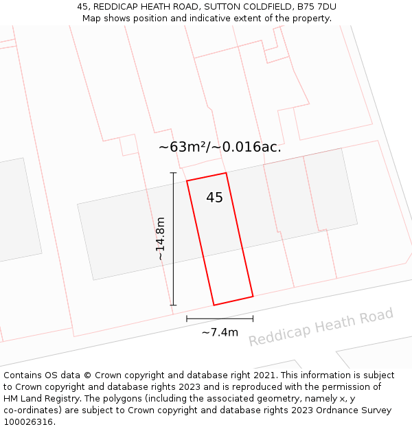 45, REDDICAP HEATH ROAD, SUTTON COLDFIELD, B75 7DU: Plot and title map