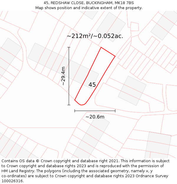 45, REDSHAW CLOSE, BUCKINGHAM, MK18 7BS: Plot and title map