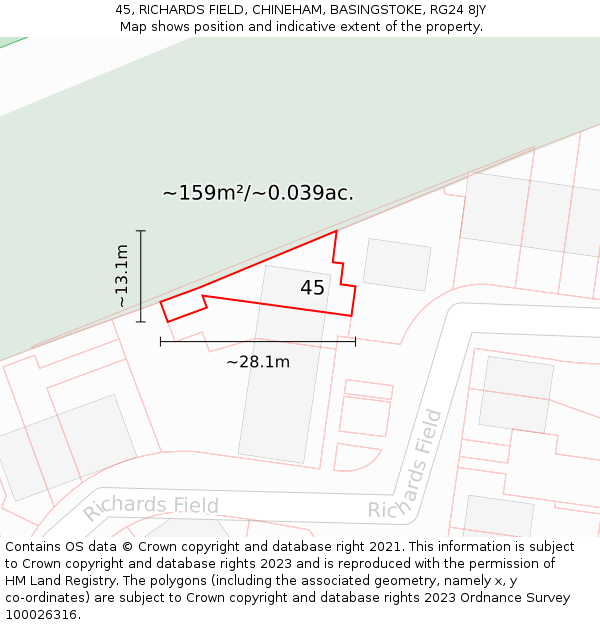 45, RICHARDS FIELD, CHINEHAM, BASINGSTOKE, RG24 8JY: Plot and title map