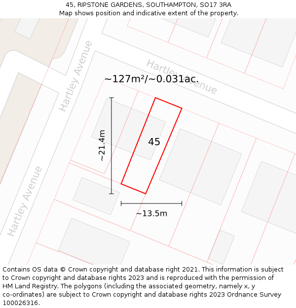 45, RIPSTONE GARDENS, SOUTHAMPTON, SO17 3RA: Plot and title map