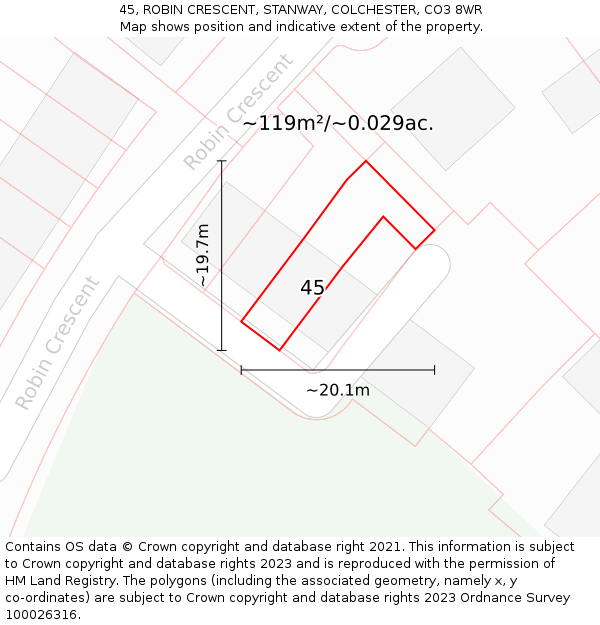 45, ROBIN CRESCENT, STANWAY, COLCHESTER, CO3 8WR: Plot and title map