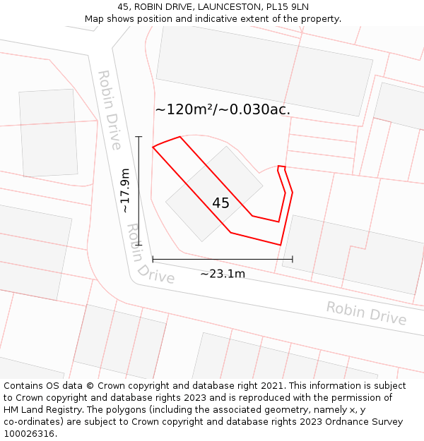 45, ROBIN DRIVE, LAUNCESTON, PL15 9LN: Plot and title map