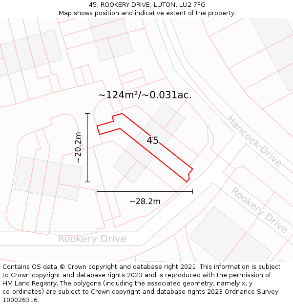 45, ROOKERY DRIVE, LUTON, LU2 7FG: Plot and title map