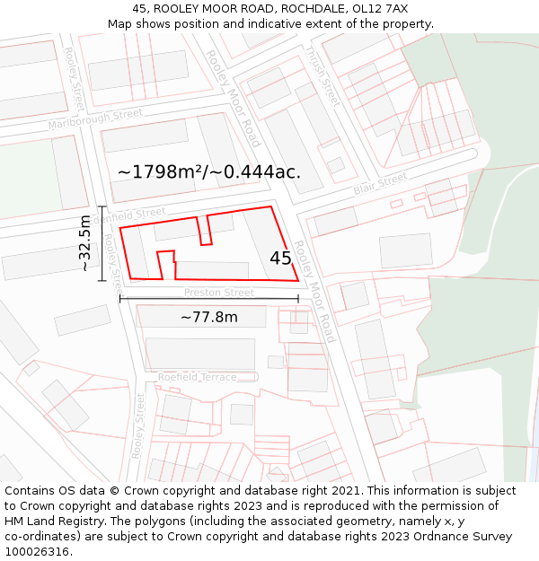 45, ROOLEY MOOR ROAD, ROCHDALE, OL12 7AX: Plot and title map