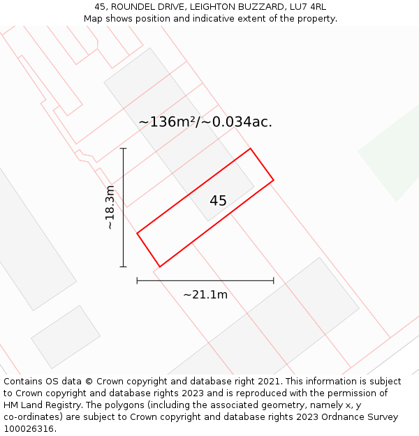 45, ROUNDEL DRIVE, LEIGHTON BUZZARD, LU7 4RL: Plot and title map