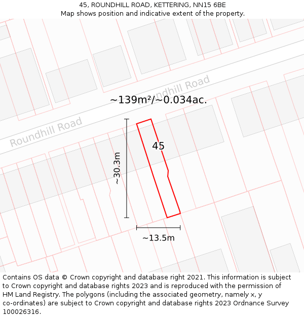 45, ROUNDHILL ROAD, KETTERING, NN15 6BE: Plot and title map