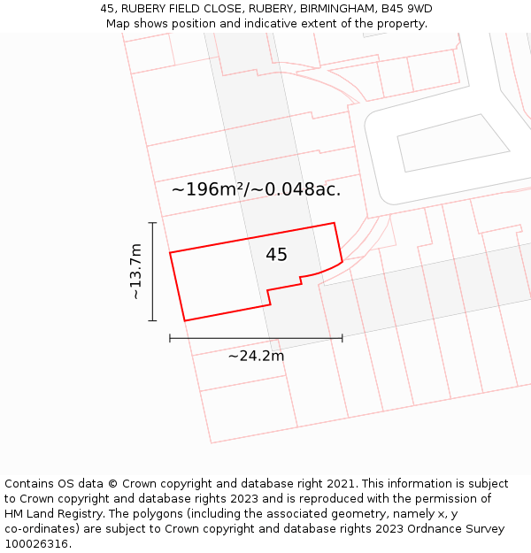 45, RUBERY FIELD CLOSE, RUBERY, BIRMINGHAM, B45 9WD: Plot and title map