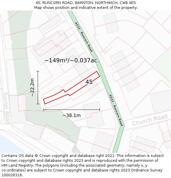 45, RUNCORN ROAD, BARNTON, NORTHWICH, CW8 4ES: Plot and title map