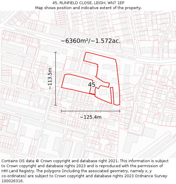 45, RUNFIELD CLOSE, LEIGH, WN7 1EP: Plot and title map
