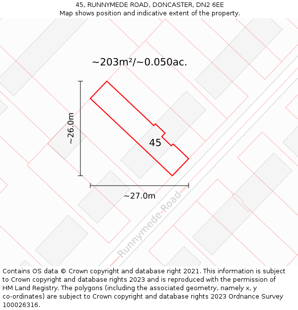 45, RUNNYMEDE ROAD, DONCASTER, DN2 6EE: Plot and title map