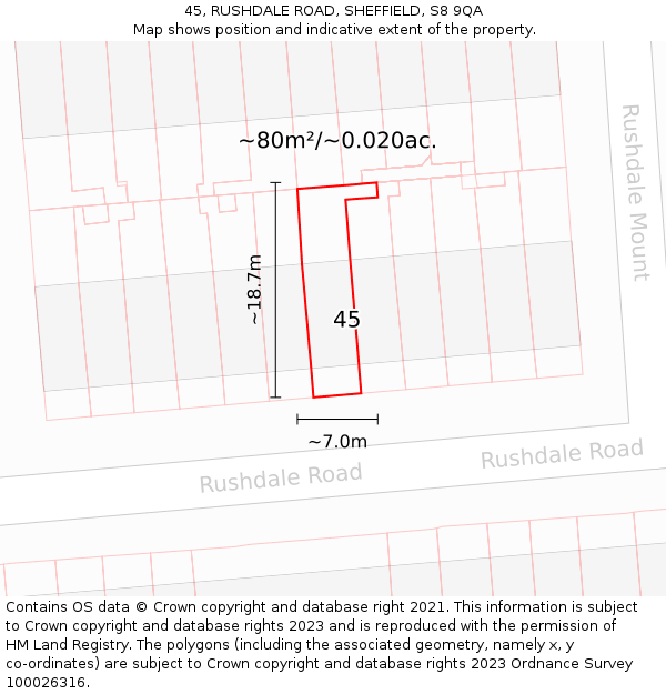 45, RUSHDALE ROAD, SHEFFIELD, S8 9QA: Plot and title map