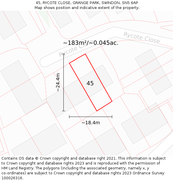 45, RYCOTE CLOSE, GRANGE PARK, SWINDON, SN5 6AP: Plot and title map
