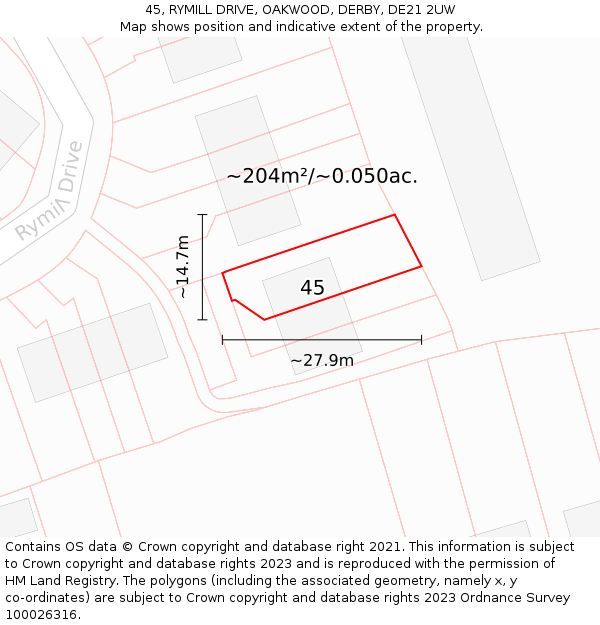 45, RYMILL DRIVE, OAKWOOD, DERBY, DE21 2UW: Plot and title map