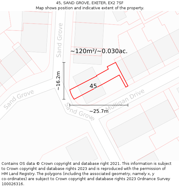 45, SAND GROVE, EXETER, EX2 7SF: Plot and title map