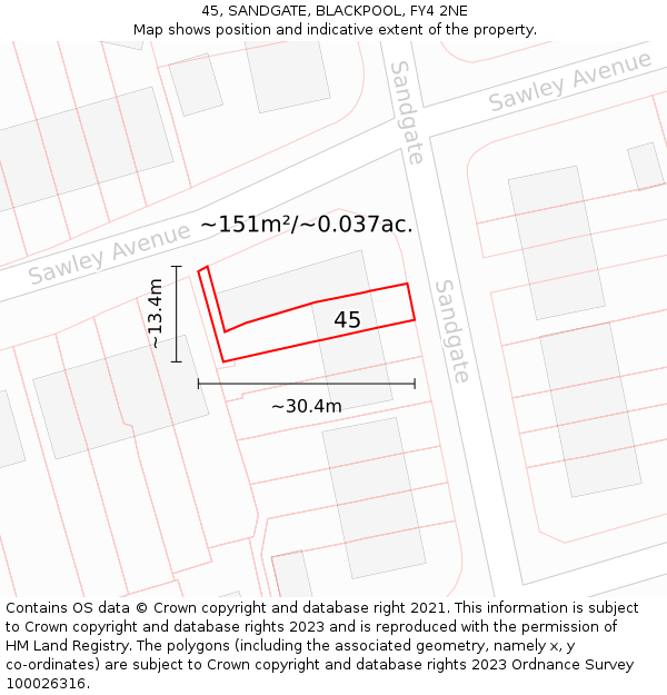 45, SANDGATE, BLACKPOOL, FY4 2NE: Plot and title map