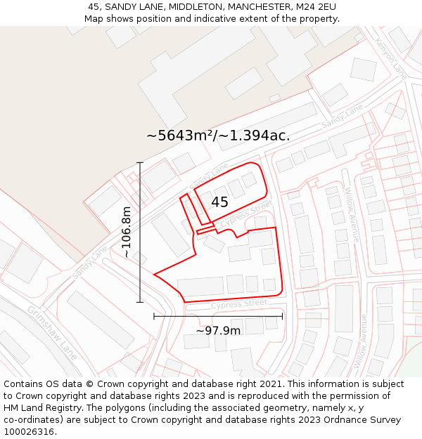45, SANDY LANE, MIDDLETON, MANCHESTER, M24 2EU: Plot and title map