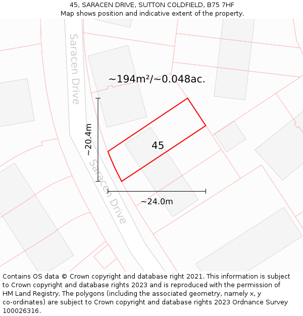 45, SARACEN DRIVE, SUTTON COLDFIELD, B75 7HF: Plot and title map