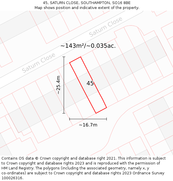 45, SATURN CLOSE, SOUTHAMPTON, SO16 8BE: Plot and title map
