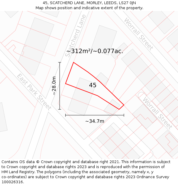 45, SCATCHERD LANE, MORLEY, LEEDS, LS27 0JN: Plot and title map