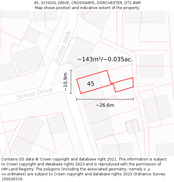 45, SCHOOL DRIVE, CROSSWAYS, DORCHESTER, DT2 8WR: Plot and title map