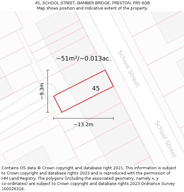 45, SCHOOL STREET, BAMBER BRIDGE, PRESTON, PR5 6QB: Plot and title map