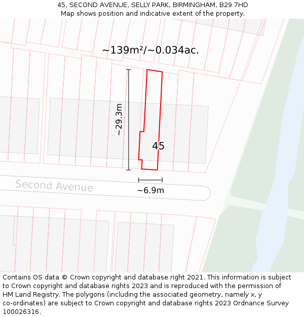 45, SECOND AVENUE, SELLY PARK, BIRMINGHAM, B29 7HD: Plot and title map