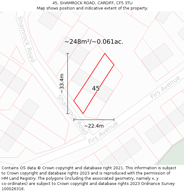45, SHAMROCK ROAD, CARDIFF, CF5 3TU: Plot and title map