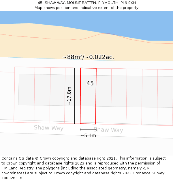45, SHAW WAY, MOUNT BATTEN, PLYMOUTH, PL9 9XH: Plot and title map