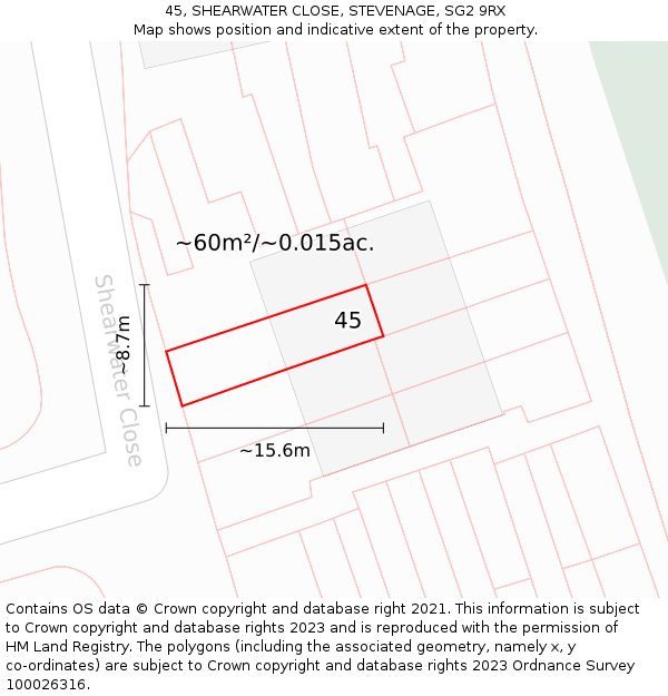 45, SHEARWATER CLOSE, STEVENAGE, SG2 9RX: Plot and title map