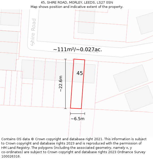 45, SHIRE ROAD, MORLEY, LEEDS, LS27 0SN: Plot and title map