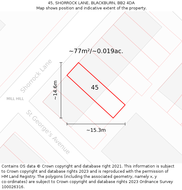 45, SHORROCK LANE, BLACKBURN, BB2 4DA: Plot and title map