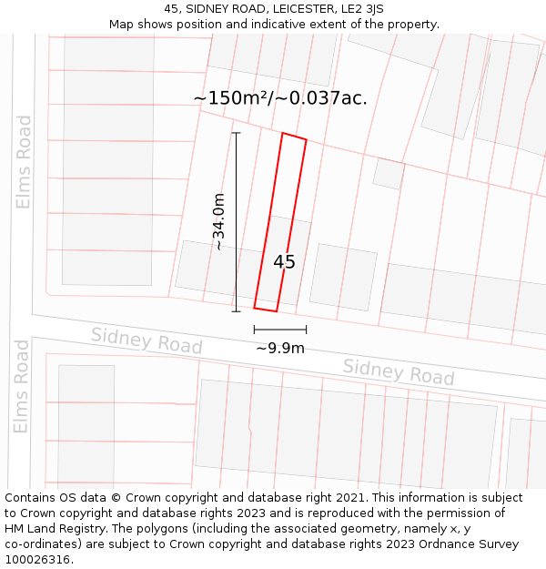 45, SIDNEY ROAD, LEICESTER, LE2 3JS: Plot and title map