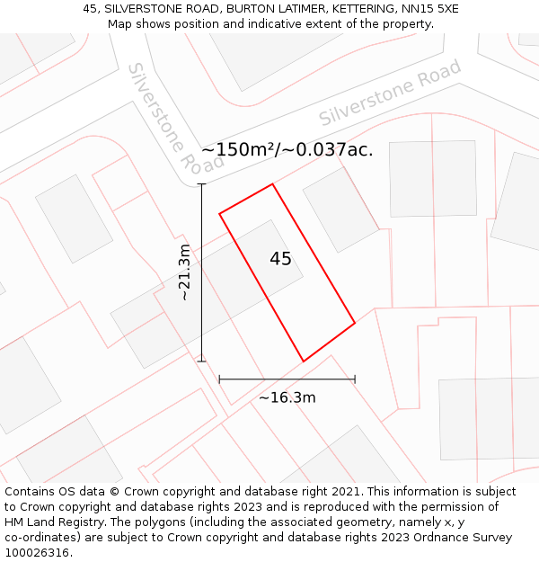 45, SILVERSTONE ROAD, BURTON LATIMER, KETTERING, NN15 5XE: Plot and title map