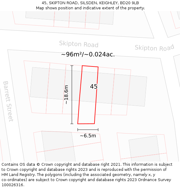 45, SKIPTON ROAD, SILSDEN, KEIGHLEY, BD20 9LB: Plot and title map