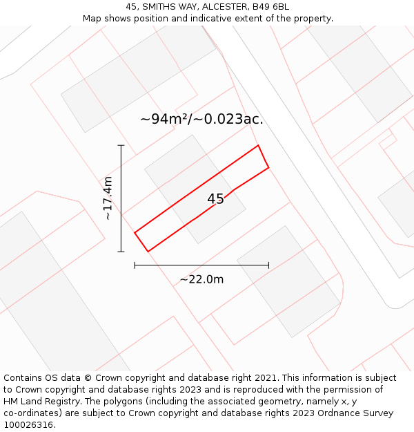45, SMITHS WAY, ALCESTER, B49 6BL: Plot and title map