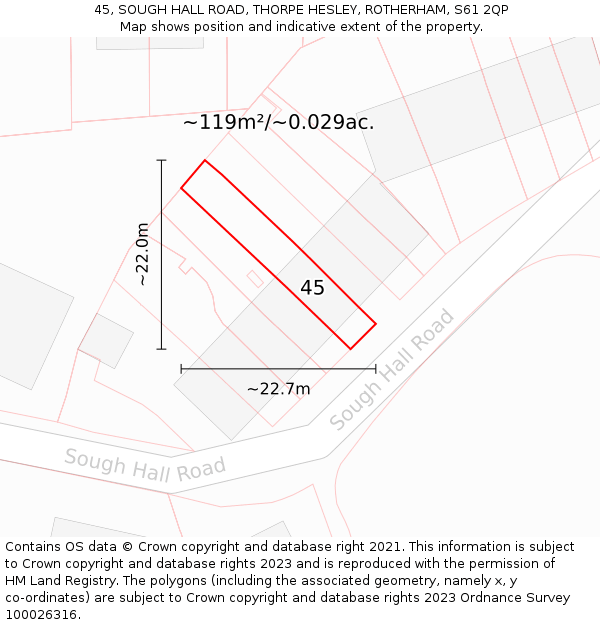 45, SOUGH HALL ROAD, THORPE HESLEY, ROTHERHAM, S61 2QP: Plot and title map