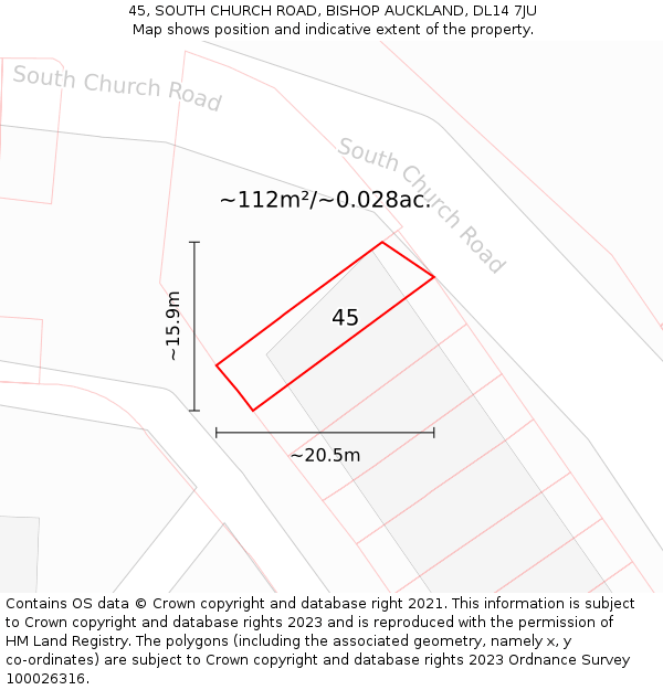 45, SOUTH CHURCH ROAD, BISHOP AUCKLAND, DL14 7JU: Plot and title map